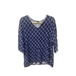 Talbots Women’s Blouse Size L Blue White Damaske Print Casual Pullover Top READ